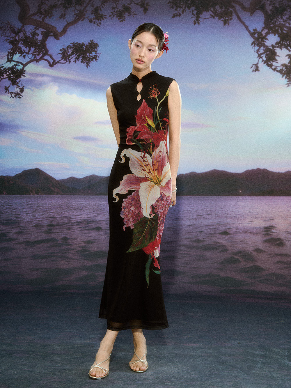 Floral Gradient Mesh Cheongsam Dress