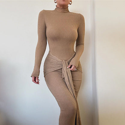 Long-Sleeve Solid-Color Fashionable and Sexy Pleated Fitted Long Dress