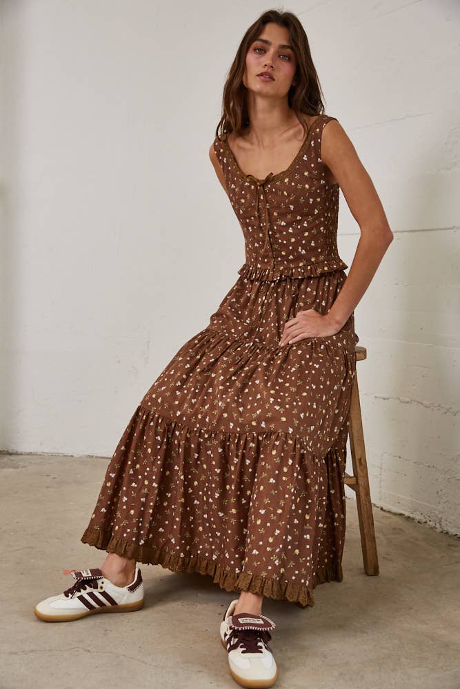 Floral Lace Trim Front Tie Top &amp; Skirt Set