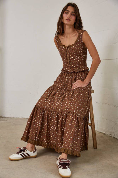 Floral Lace Trim Front Tie Top &amp; Skirt Set