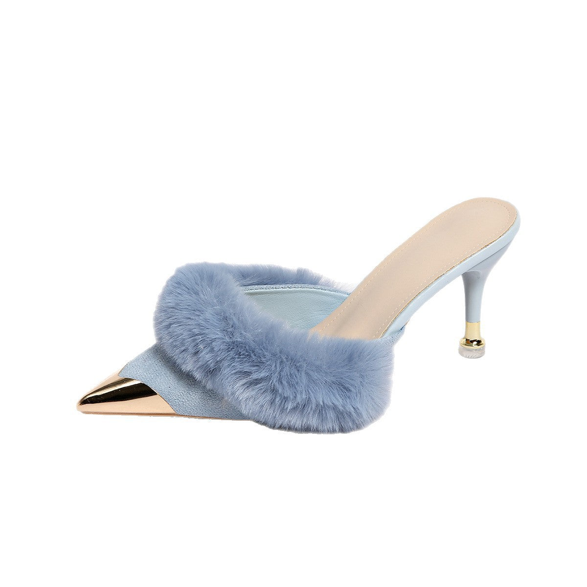 Womens Fur Pointed Toe High Heel Slippers