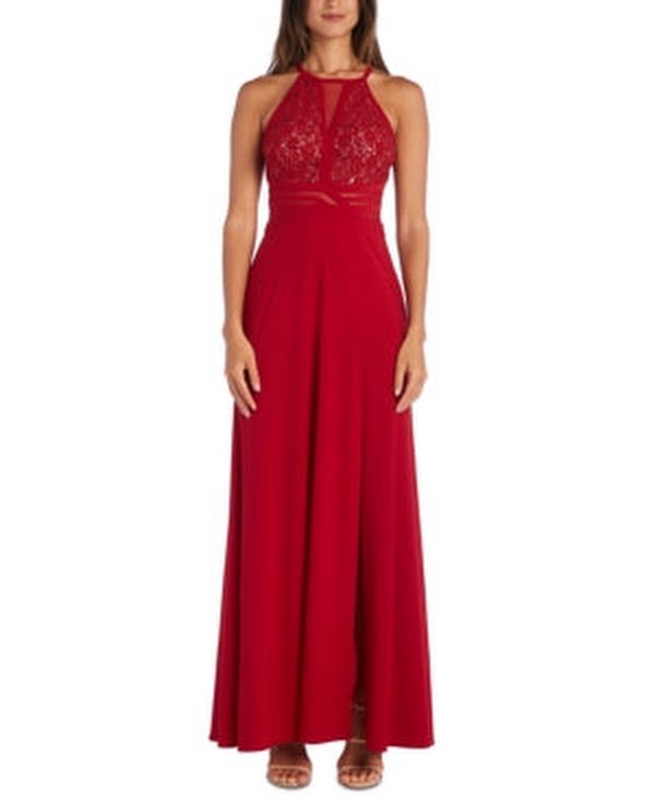 Morgan &amp; Company Juniors Sequined Lace Halter Gown