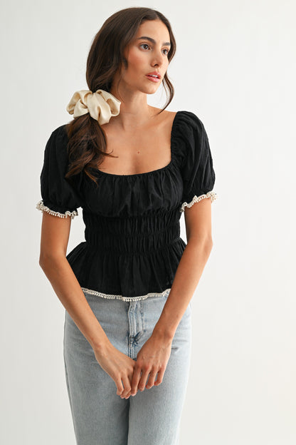 Smocked Peplum Top With Puff Sleeves