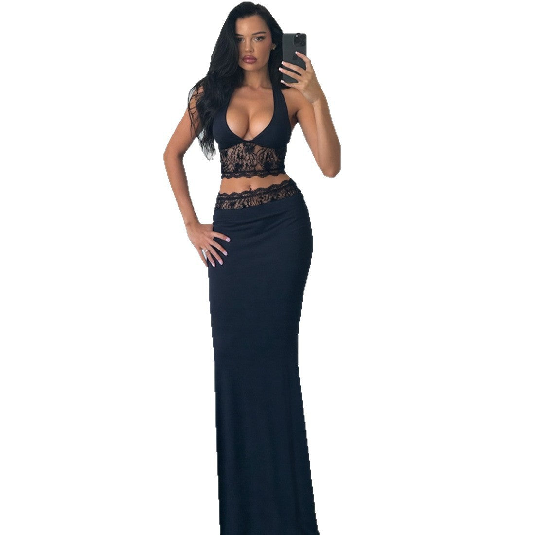 Sexy Halter Backless Camisole High Waisted Lace Skirt Set