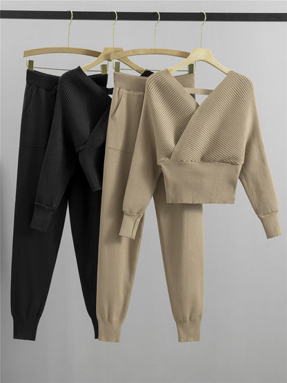 Women Double V Neck Off Shoulder Knitted Two Piece Suit