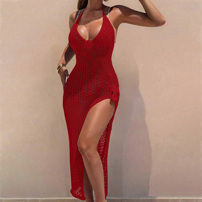 Solid-color Sexy Knitted Crochet Cover-up Bikini Swimwear Beach Dress for Women