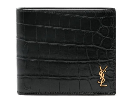 SAINT LAURENT Mini Crocodile-Embossed East/West Bi-Fold Wallet