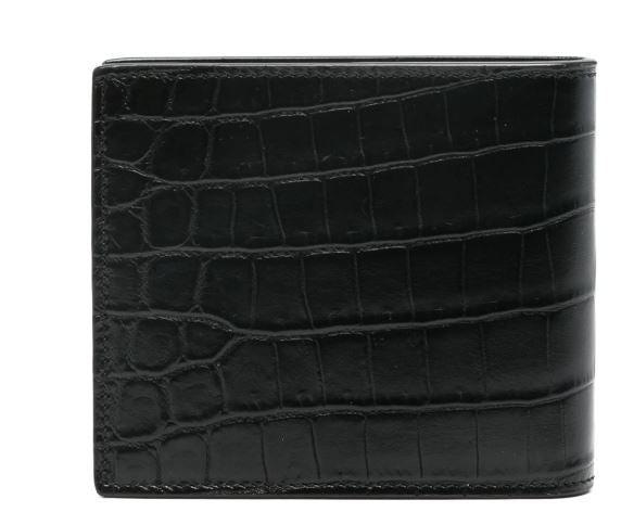 SAINT LAURENT Mini Crocodile-Embossed East/West Bi-Fold Wallet
