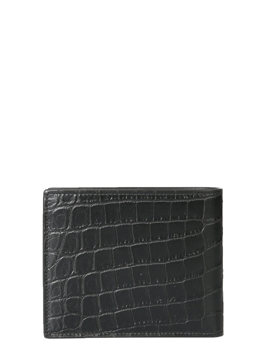 SAINT LAURENT Mini Crocodile-Embossed East/West Bi-Fold Wallet