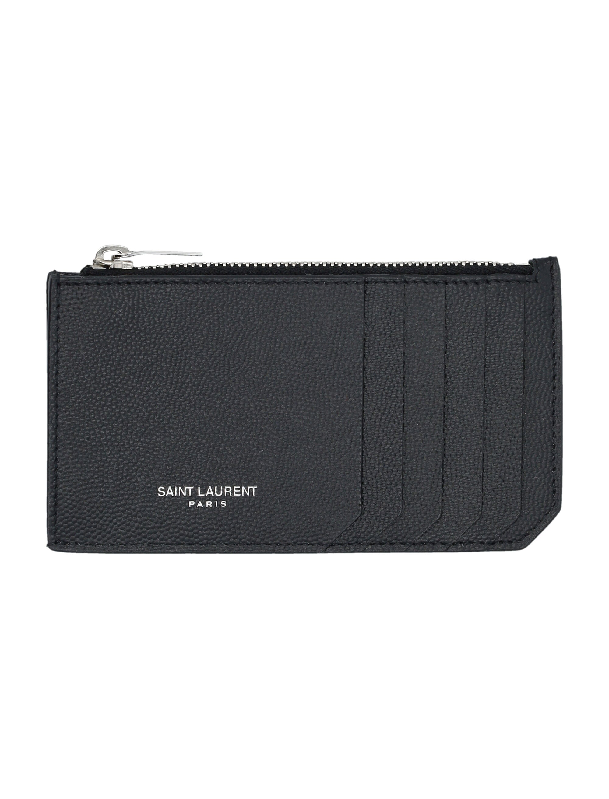 SAINT LAURENT Pebbled Leather Card Holder with Zip