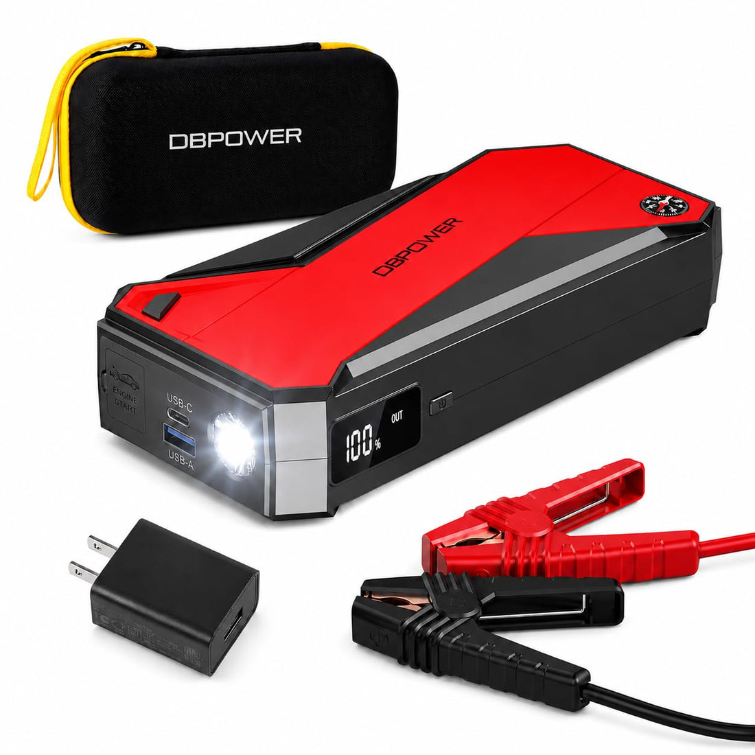 DBPOWER Peak 3000A 18000mAh Portable Car Jump Starter (up to 8.0L Gas, 6.0L Diesel Engine) Battery Booster with Smart Charging Port, Compass, LCD Screen and LED Light (Black/Red)