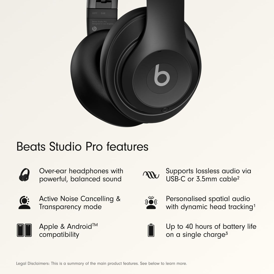 Beats Studio Pro Premium Wireless Over-Ear Headphones- Up to 40-Hour Battery Life, Active Noise Cancelling, Great for Travel &amp; Commuting, USB-C Lossless Audio, Apple &amp; Android Compatible -Black (Refurbished)
