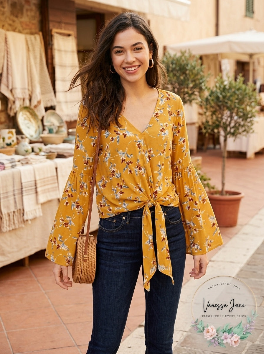 Polly &amp; Esther Juniors Tie-Front Bell-Sleeve Top