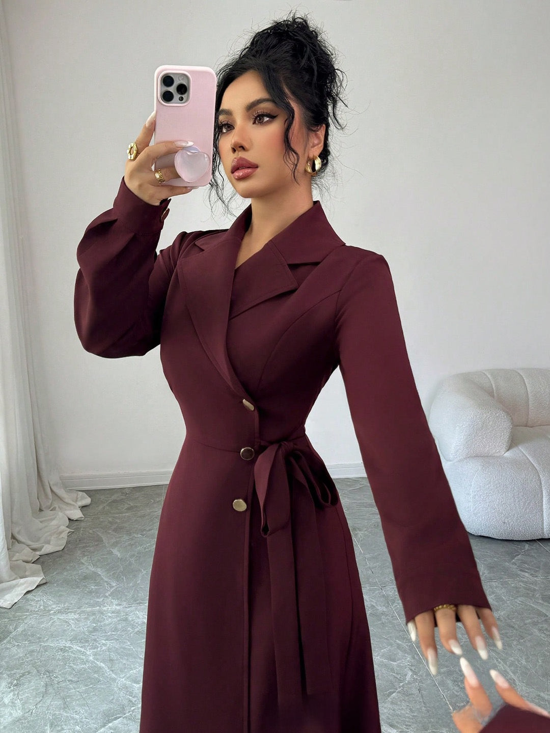 Womens Suit Collar Long Sleeve Waist Tie Dress