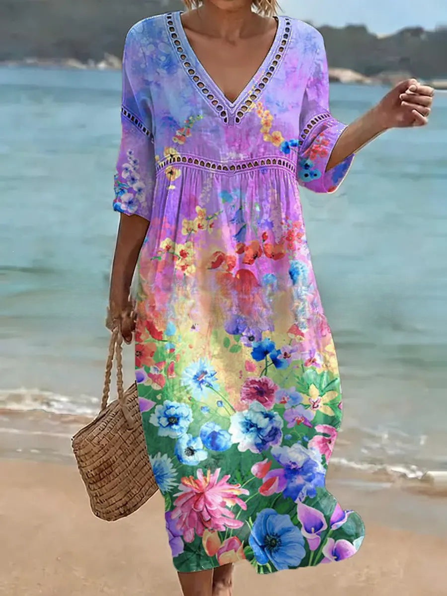 Womens V-Neck 3D Digital Print A-Line Midi Dress