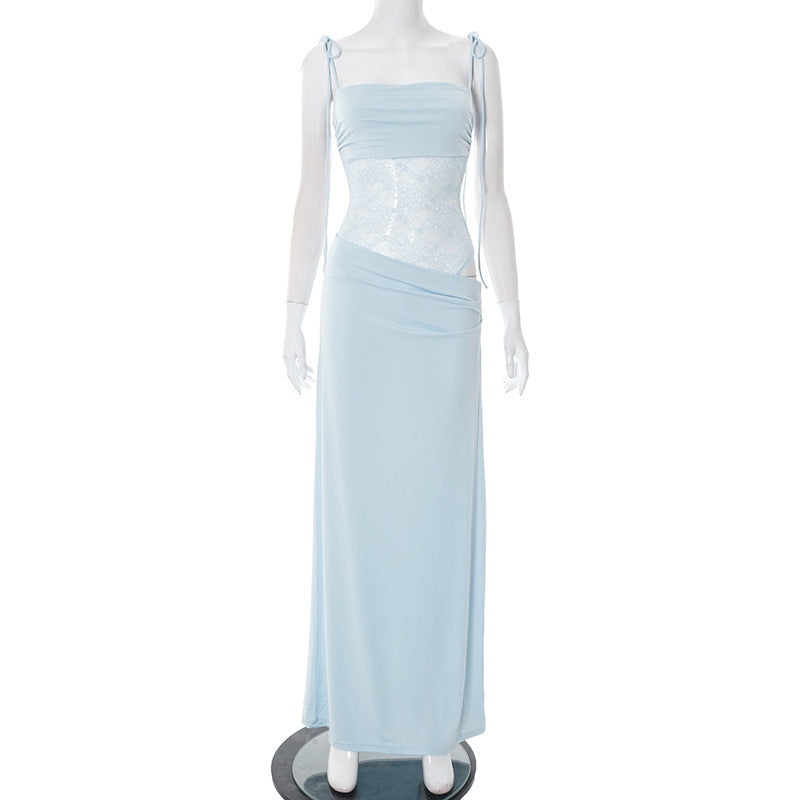 Women Summer Solid Color Lace Splicing Strap Dress