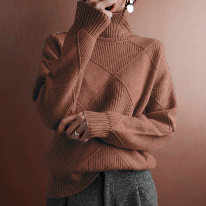 Womens High Neck Loose Fit Diamond Pattern Sweater