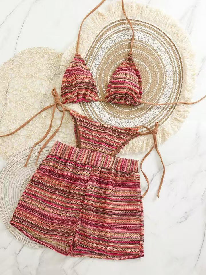 2Fashion Sexy Lace-up Striped Three-piece Swimsuit Women