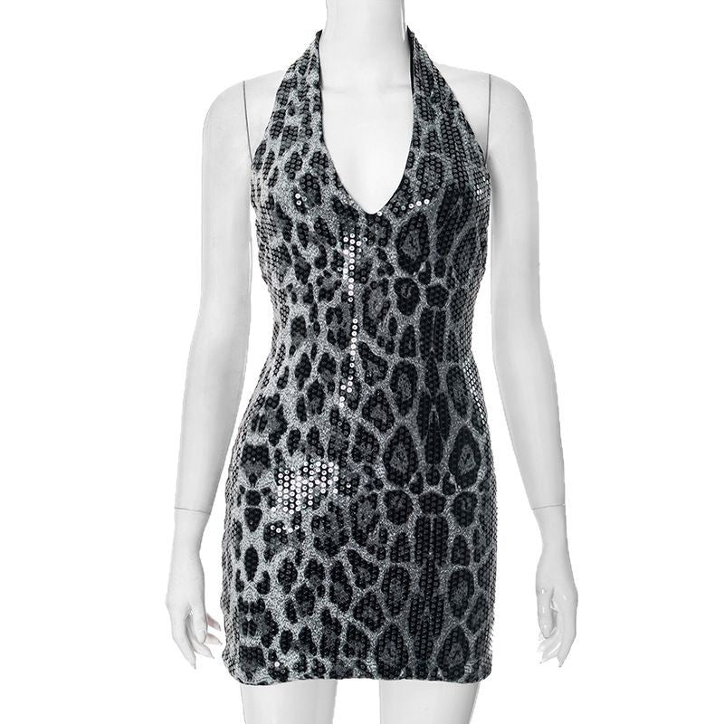 Halterneck Deep V Animal Print Sequin Sleeveless Backless Dress