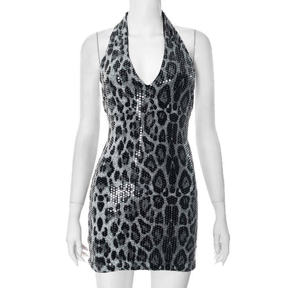 Halterneck Deep V Animal Print Sequin Sleeveless Backless Dress