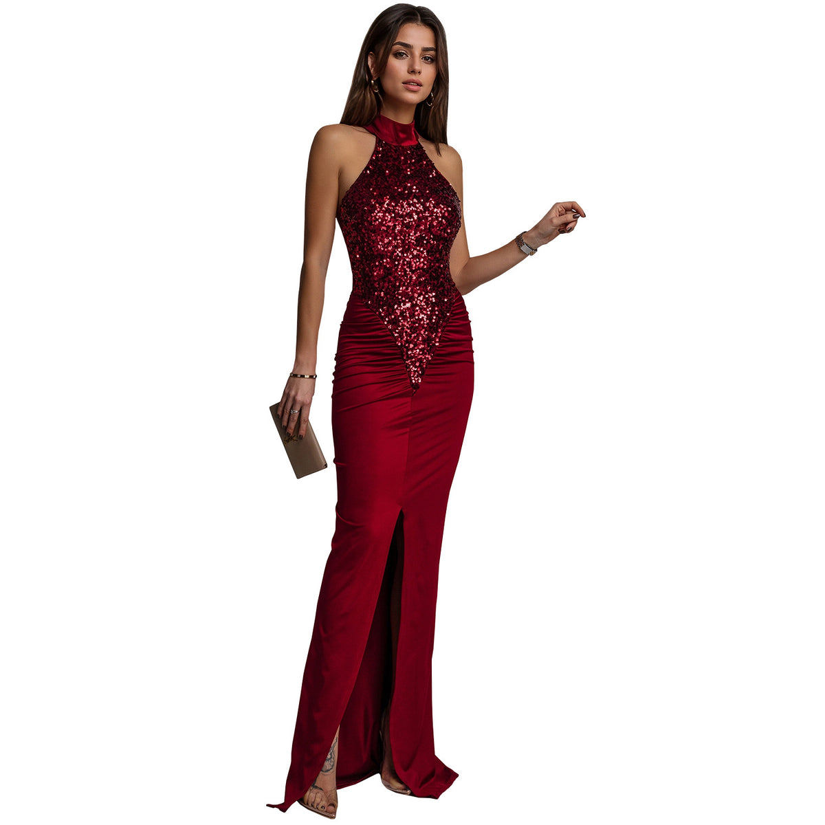Sequined Velvet Slit Dress