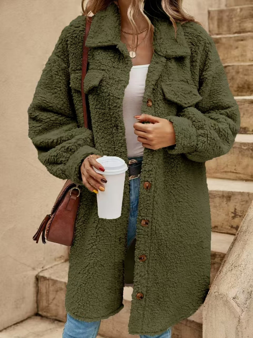 Womens Winter Plush Coat Open Front Lapel Long Coat