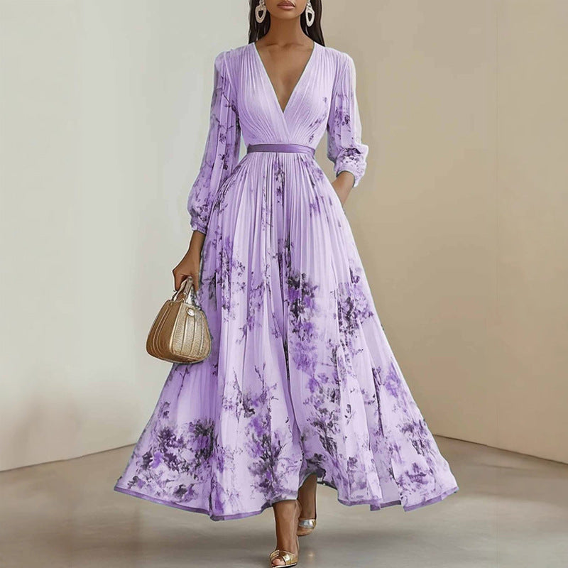 Floral Print V-Neck Pleated Dress