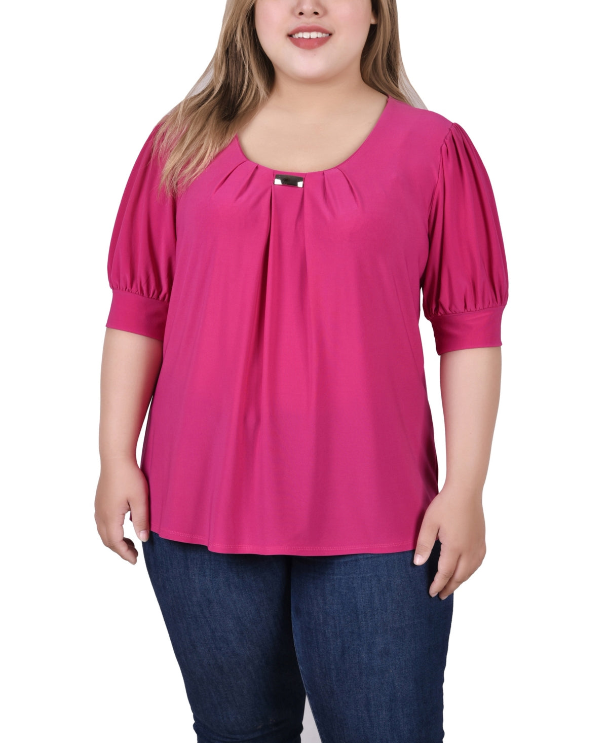 NY Collection Women S Short Sleeve Balloon Sleeve Top with Hardware