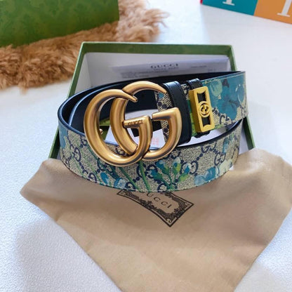 Gucci Guccissima Leather Floral Print Double Gold G Buckle Woman Belt