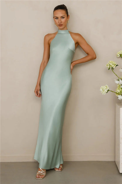 Halter Neck Satin Long Dress for Women