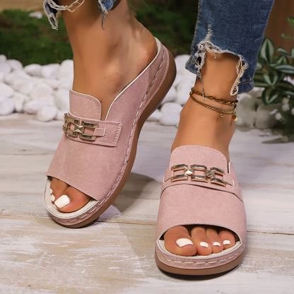 wedge-heeled thick-soled sandals with metal decoration, Roman-style peep-toe beach sandals