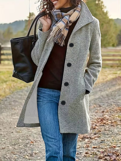 Women Solid Color Lapel Woolen Coat Long Winter Overcoat