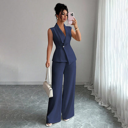 Women Sleeveless Suit and Straight Pants Two Piece Set