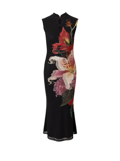 Floral Gradient Mesh Cheongsam Dress