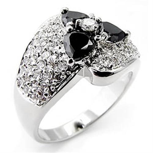 Rhodium Brass Ring with AAA Grade CZ in Jet - Size 6