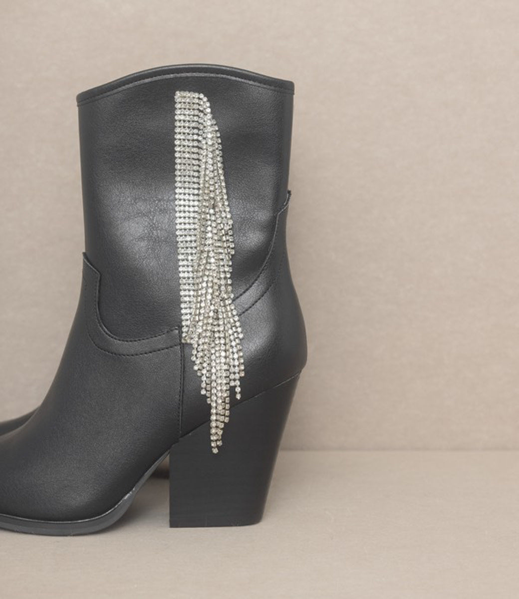 Kai Rhinestone Fringe Boots - Black