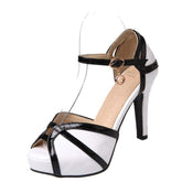 White summer stiletto-heel peep-toe sandal with platform and buckle closure