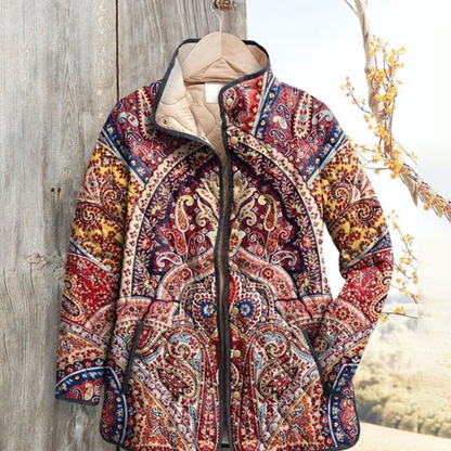 Women Floral Stand Collar Pleated Cotton Sweatshirt