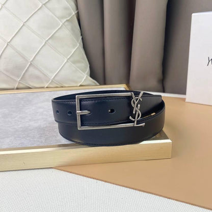 Saint Laurent Classic Monogram Square Buckle Belt Embossed Leather