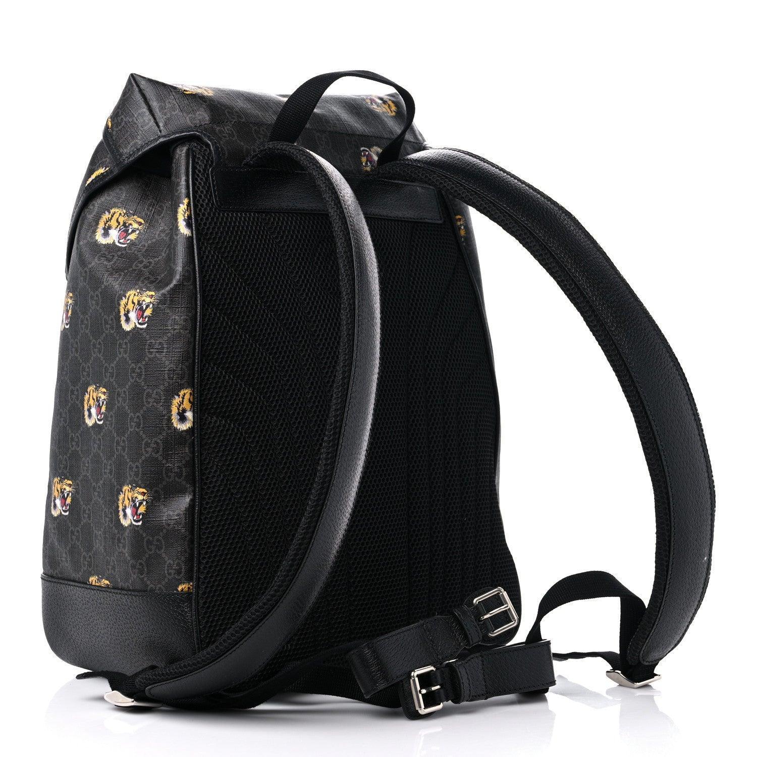Gucci GG Supreme Monogram Azalea Calfskin Tigers Medium Retro Interlocking G Backpack Black