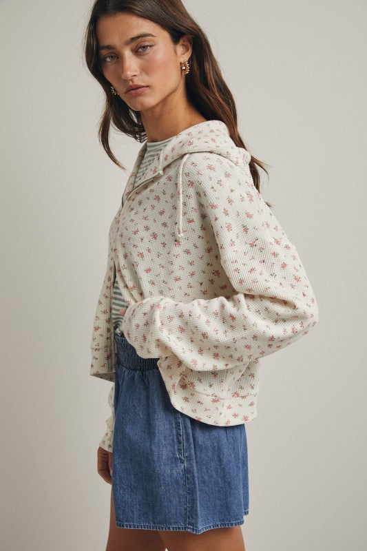 Floral Waffle Knit Hooded Jacket: Cream/Rose