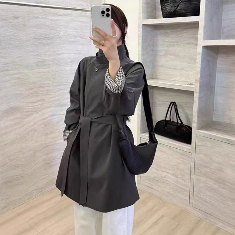 Cinched-waist mid-length trench coat