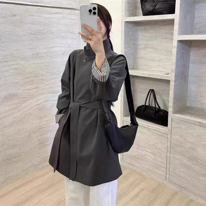 Cinched-waist mid-length trench coat