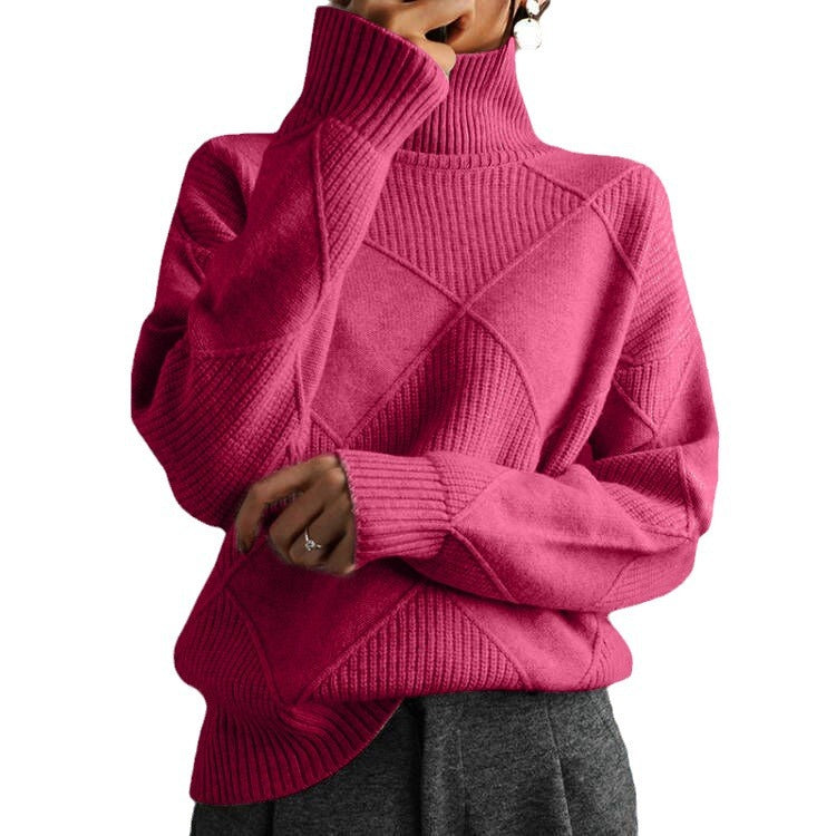 Womens High Neck Loose Fit Diamond Pattern Sweater