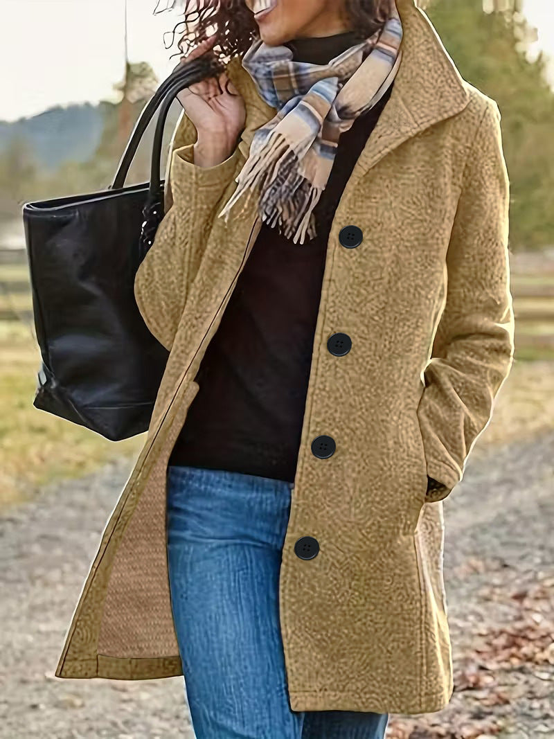 Women Solid Color Lapel Woolen Coat Long Winter Overcoat