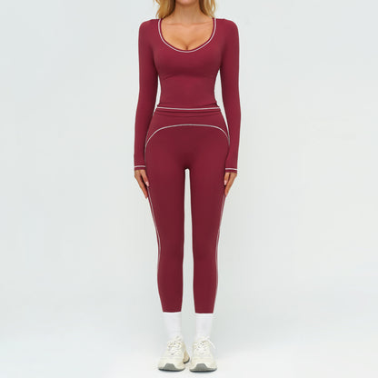 Color-Blocking Brushed Yoga Set for Women Double Shoulder Straps Workout Fitness Suit