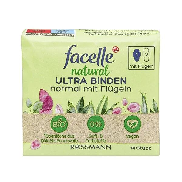 Facelle Natural Ultra Feminine Hygiene Pads with Wings: Breathable, Vegan, &amp; Dermatologically Tested for Sensitive Skin - 14 Count