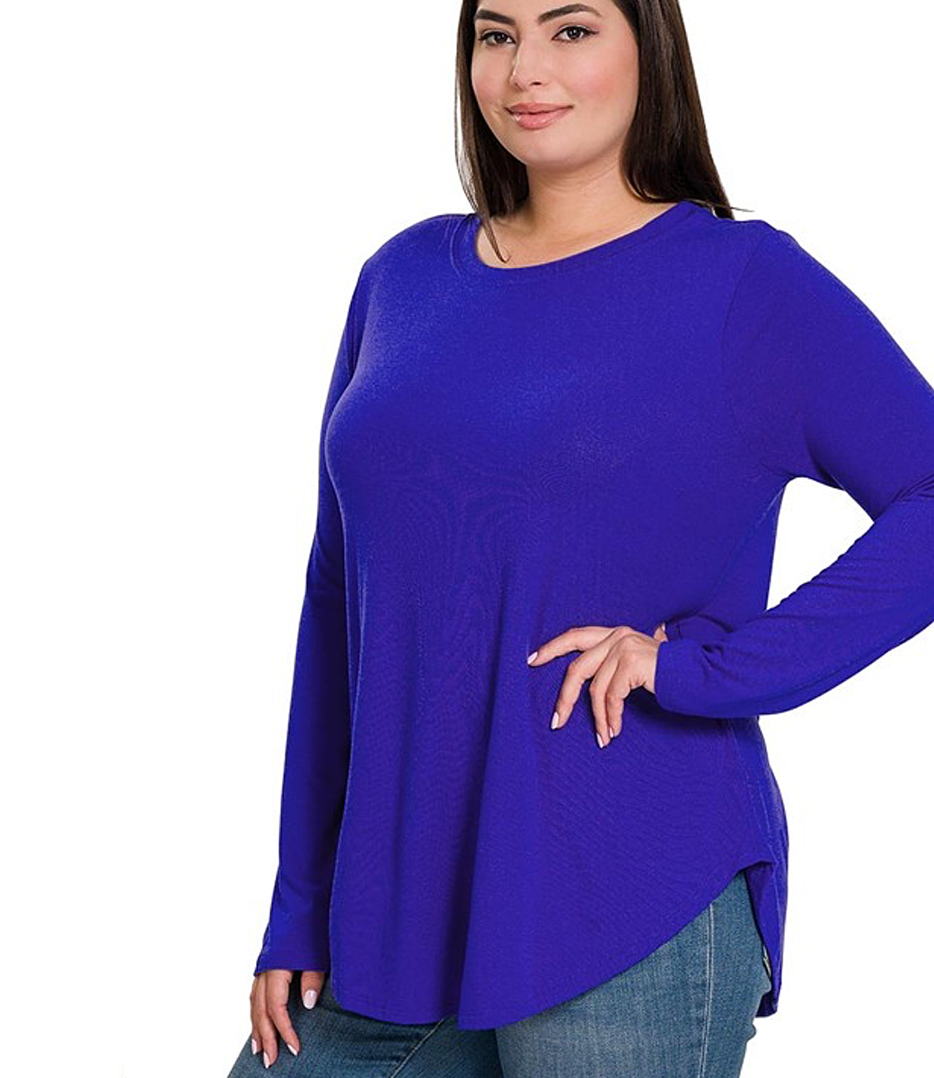 Long Sleeve Round Neck &amp; Hem Top - Bright Blue