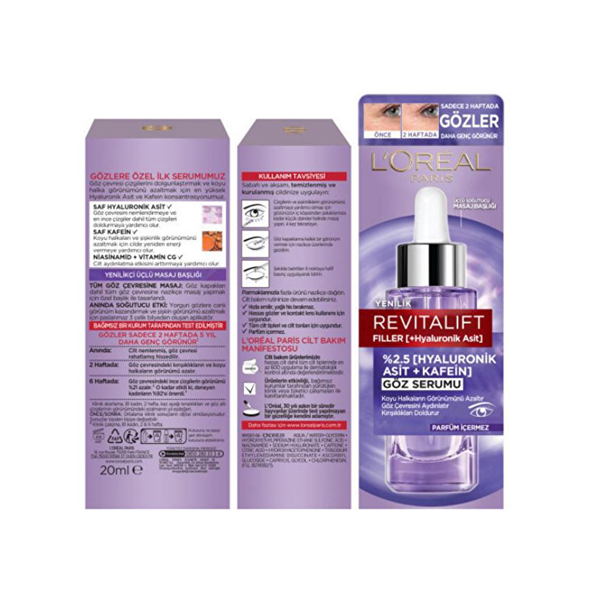 Loreal Paris Revitalift Filler: Hyaluronic Acid + Caffeine Eye Serum - Reduce Dark Circles, Wrinkles, &amp; Puffiness for Brighter Eyes