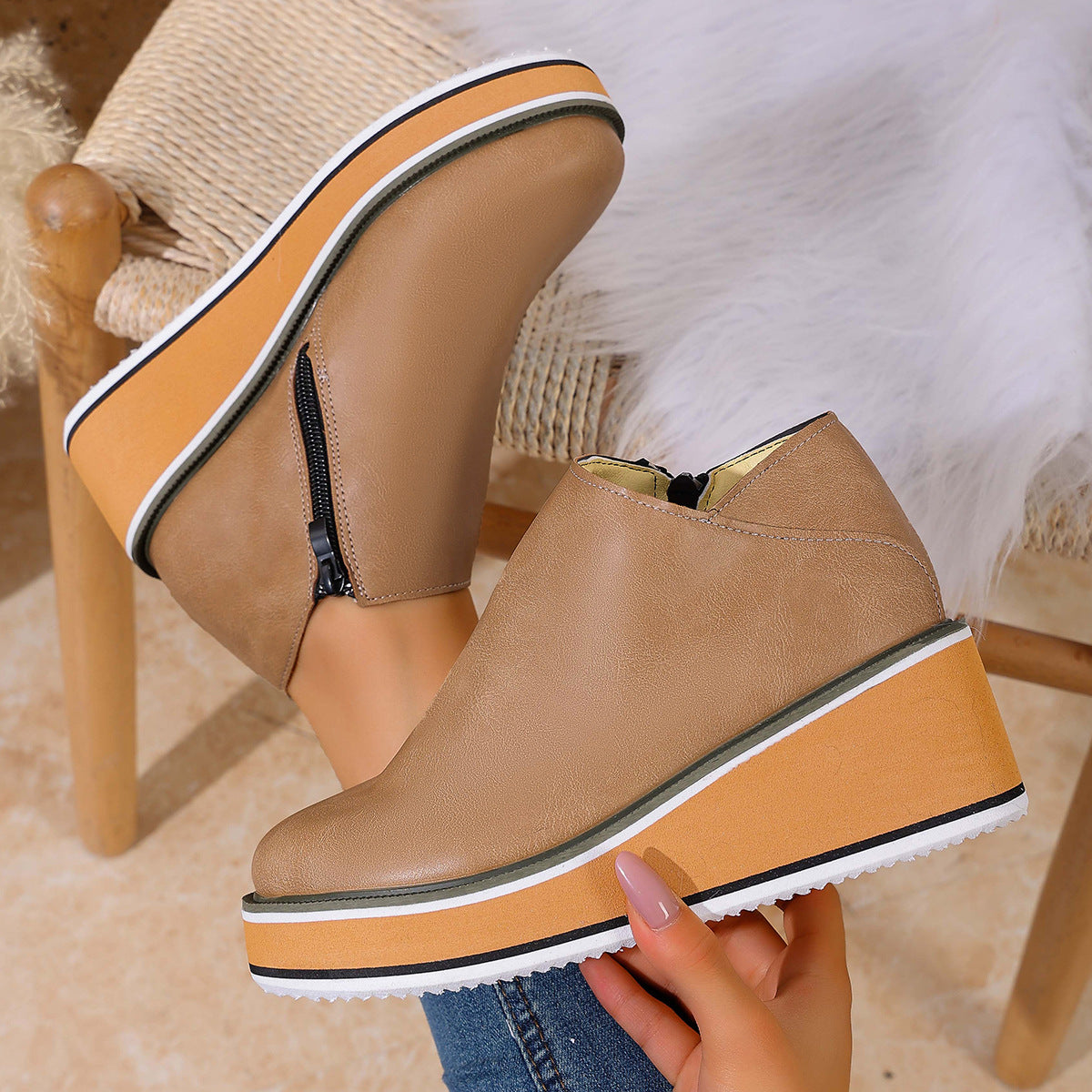 Womens Wedge Heel Ankle Boots Side Zipper Pointed Toe Comfortable Short Boots